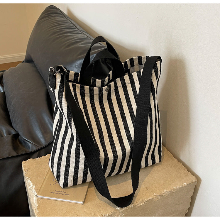 Vintage Striped Canvas Shoulder Bag Large Capacity Crossbody Bag