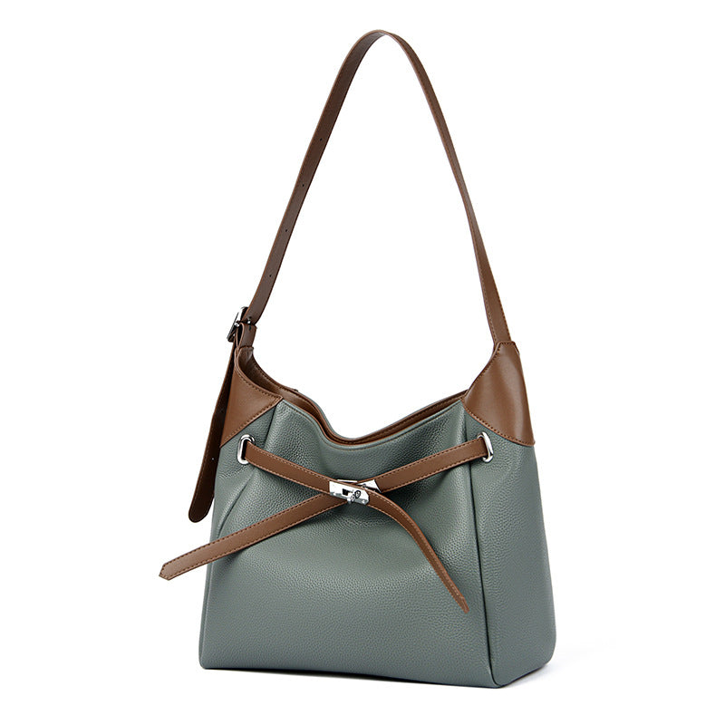 High-grade contrast color shoulder bag, large capacity, versatile commuter tote bag, soft leather handbag for women