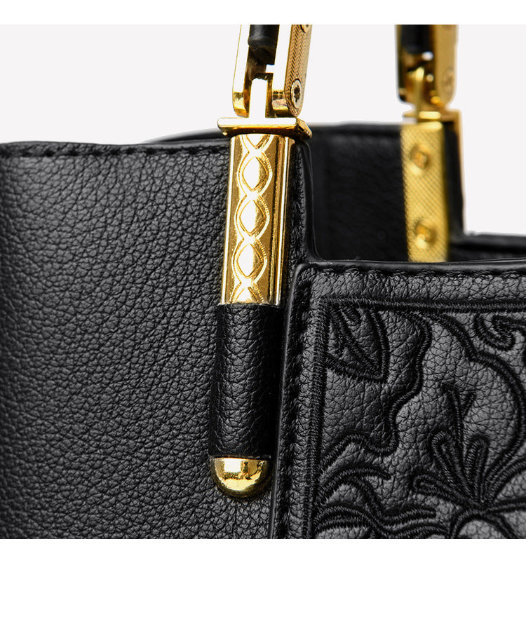 High-grade soft leather women's bag embroidered large-capacity handbag messenger bag