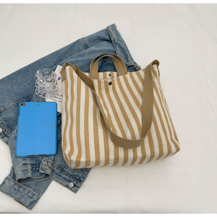 Vintage Striped Canvas Shoulder Bag Large Capacity Crossbody Bag