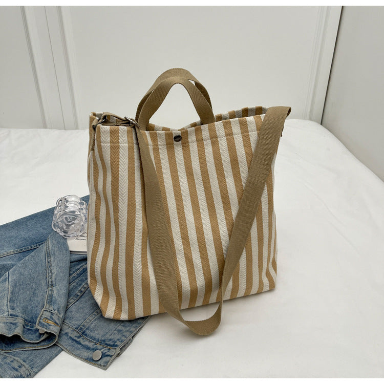 Vintage Striped Canvas Shoulder Bag Large Capacity Crossbody Bag