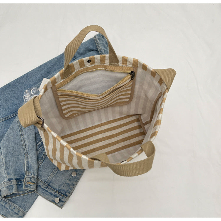Vintage Striped Canvas Shoulder Bag Large Capacity Crossbody Bag