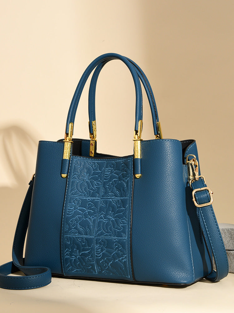 High-grade soft leather women's bag embroidered large-capacity handbag messenger bag