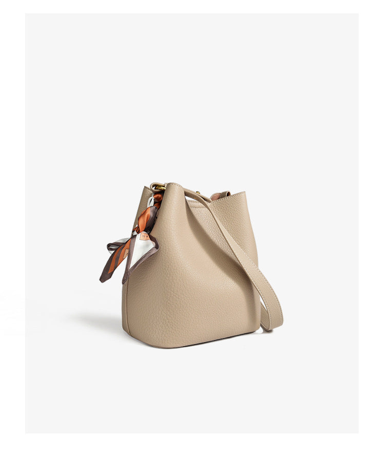 Genuine leather bucket bag with silk scarf mother-and-child bag shoulder messenger bag casual high-end commuter tote bag