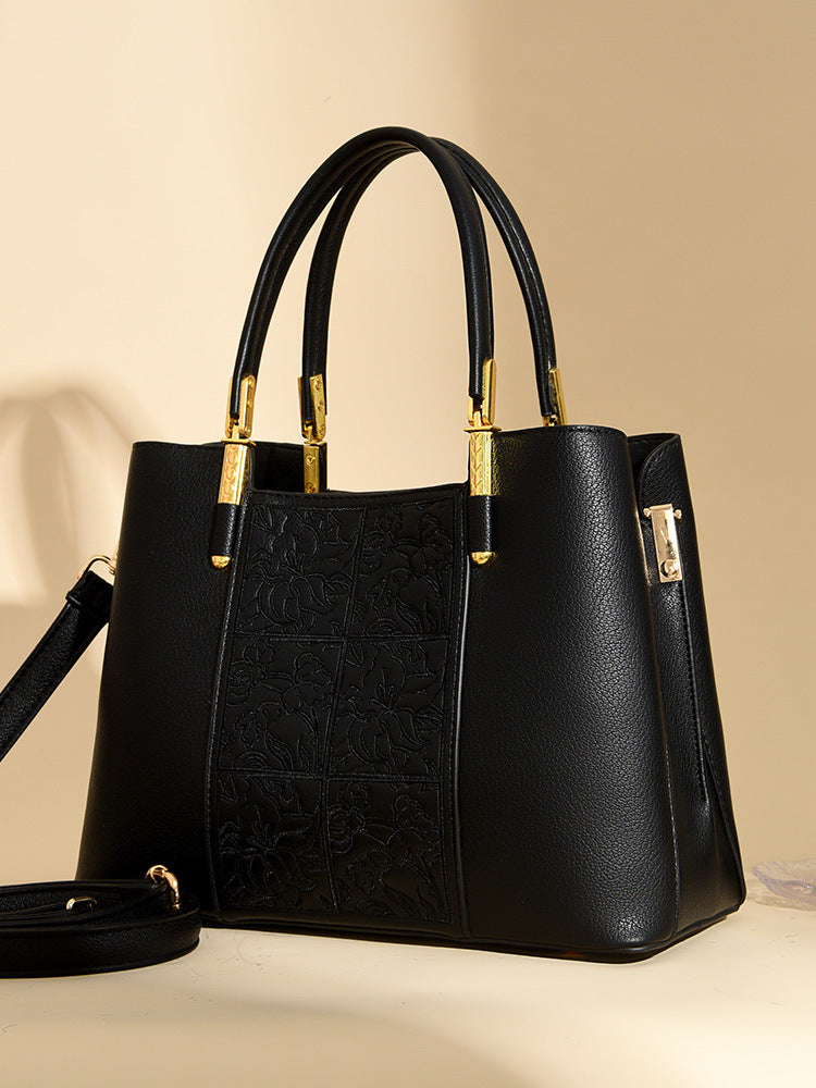 High-grade soft leather women's bag embroidered large-capacity handbag messenger bag