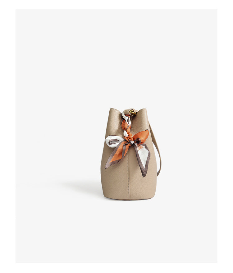 Genuine leather bucket bag with silk scarf mother-and-child bag shoulder messenger bag casual high-end commuter tote bag
