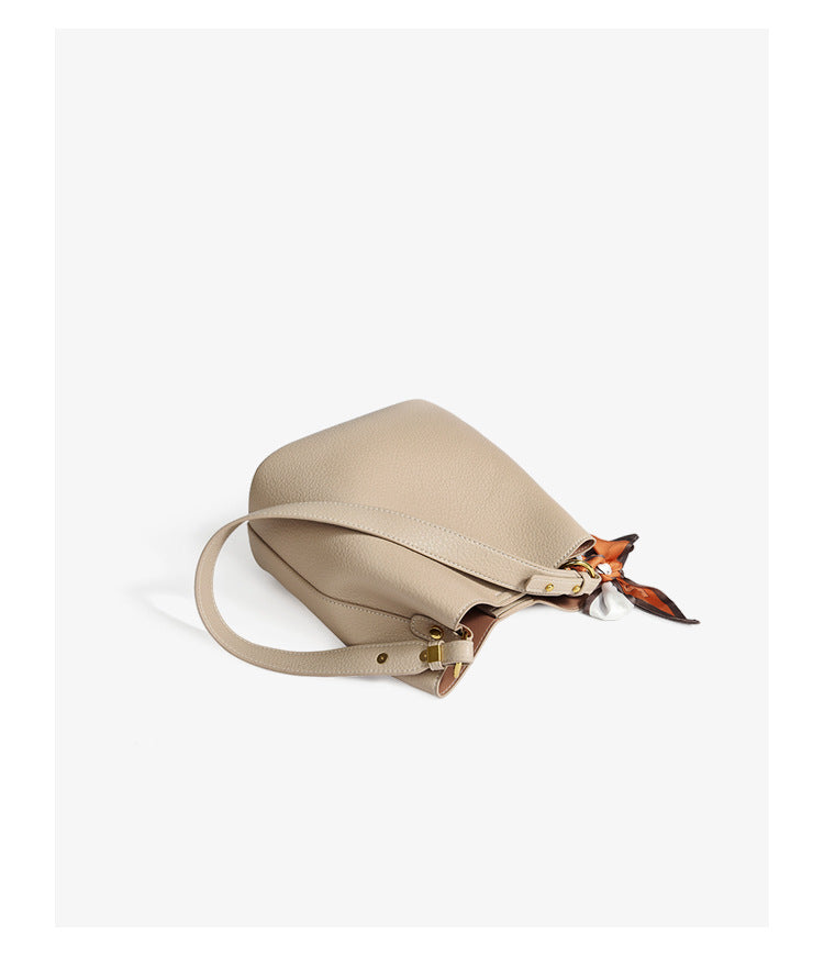 Genuine leather bucket bag with silk scarf mother-and-child bag shoulder messenger bag casual high-end commuter tote bag