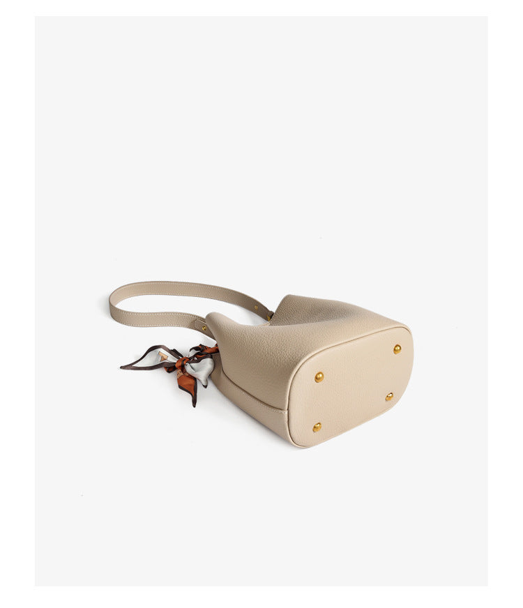 Genuine leather bucket bag with silk scarf mother-and-child bag shoulder messenger bag casual high-end commuter tote bag