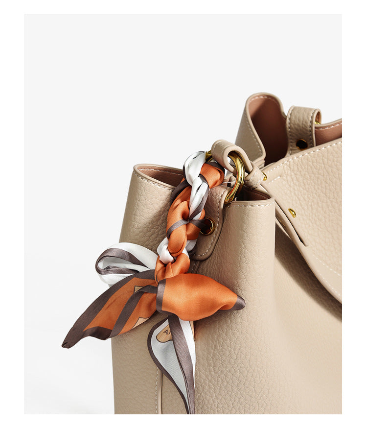 Genuine leather bucket bag with silk scarf mother-and-child bag shoulder messenger bag casual high-end commuter tote bag