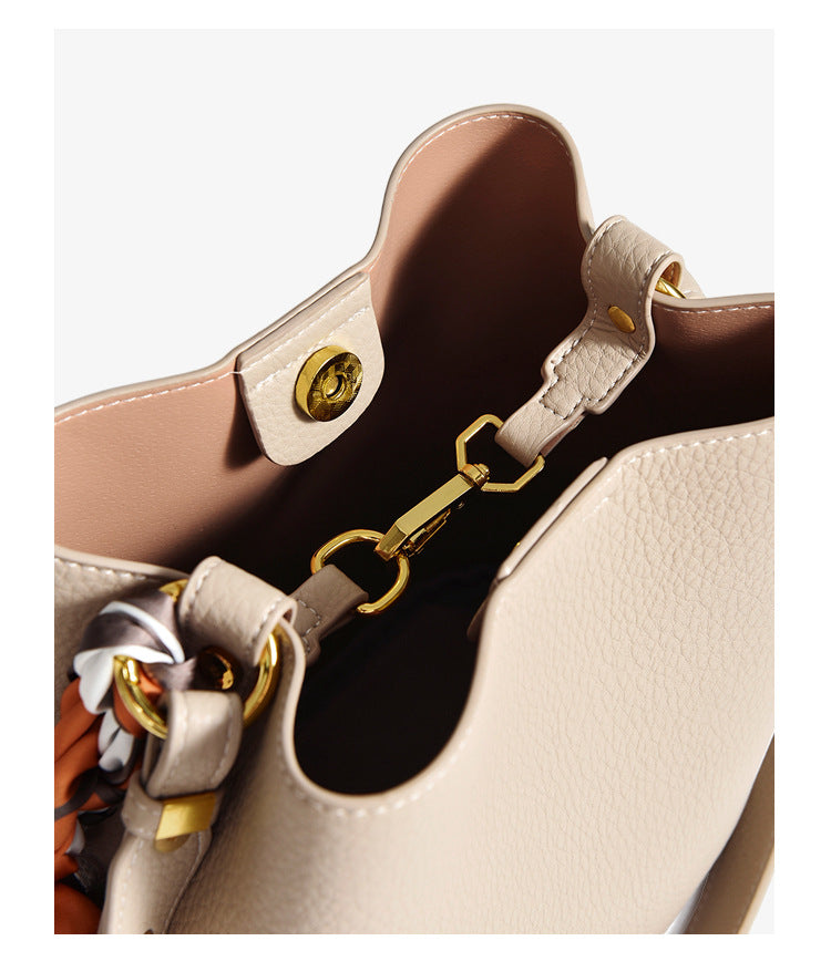 Genuine leather bucket bag with silk scarf mother-and-child bag shoulder messenger bag casual high-end commuter tote bag