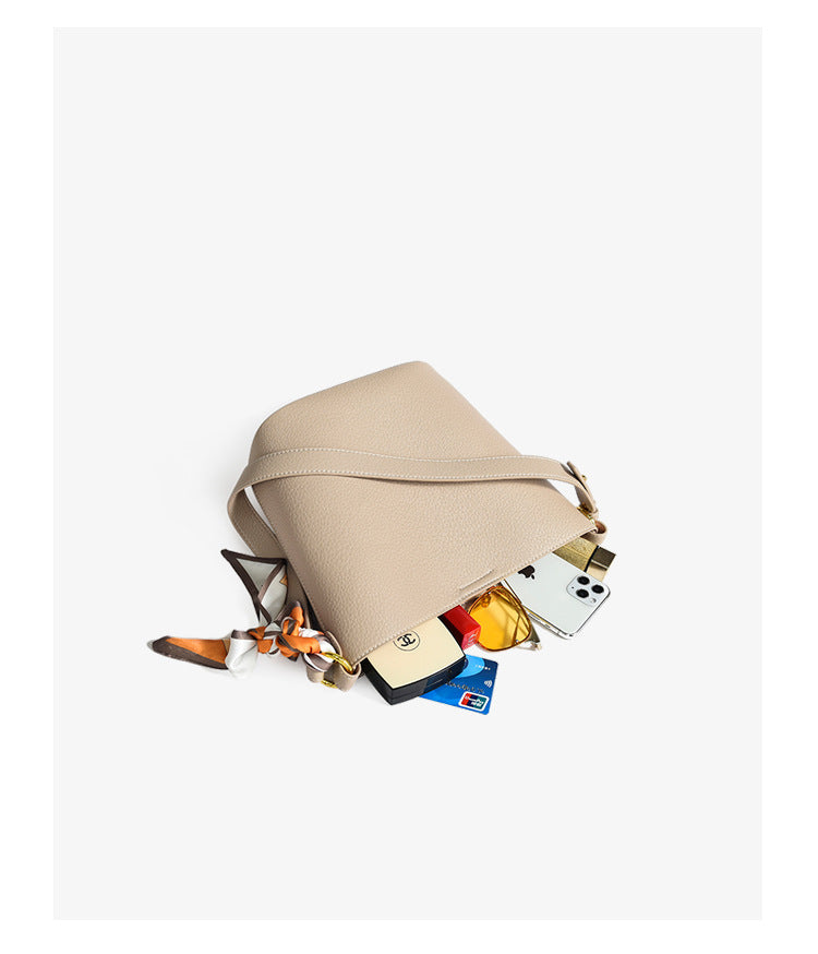Genuine leather bucket bag with silk scarf mother-and-child bag shoulder messenger bag casual high-end commuter tote bag