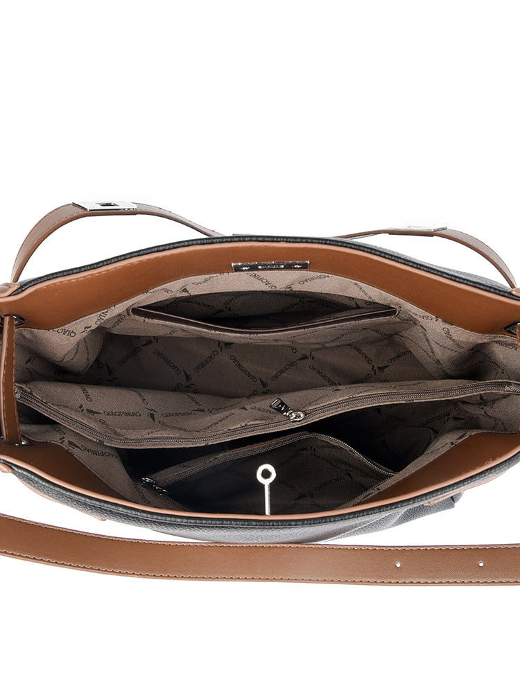 High-grade contrast color shoulder bag, large capacity, versatile commuter tote bag, soft leather handbag for women