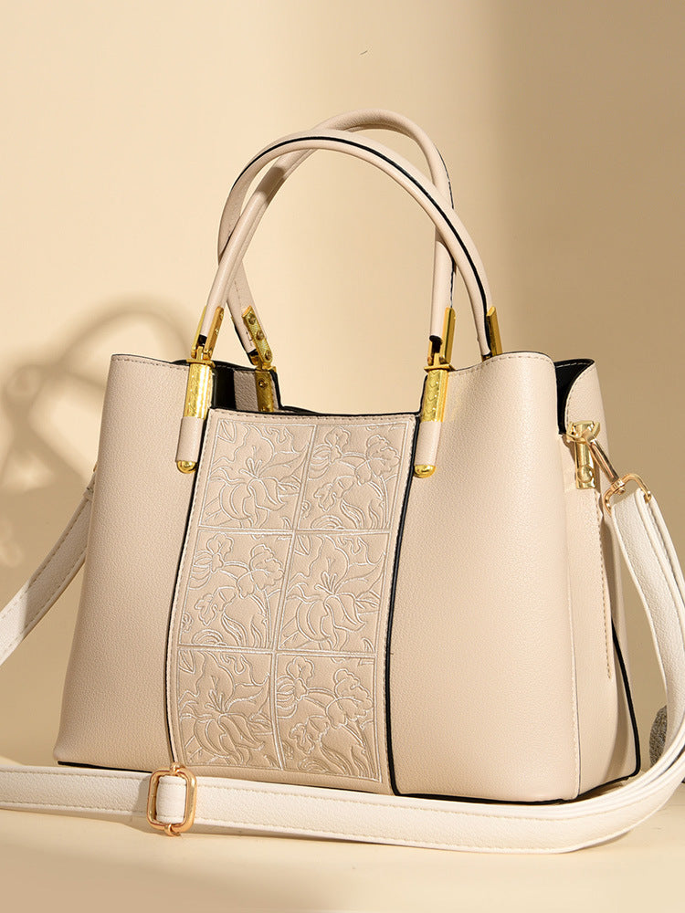 High-grade soft leather women's bag embroidered large-capacity handbag messenger bag