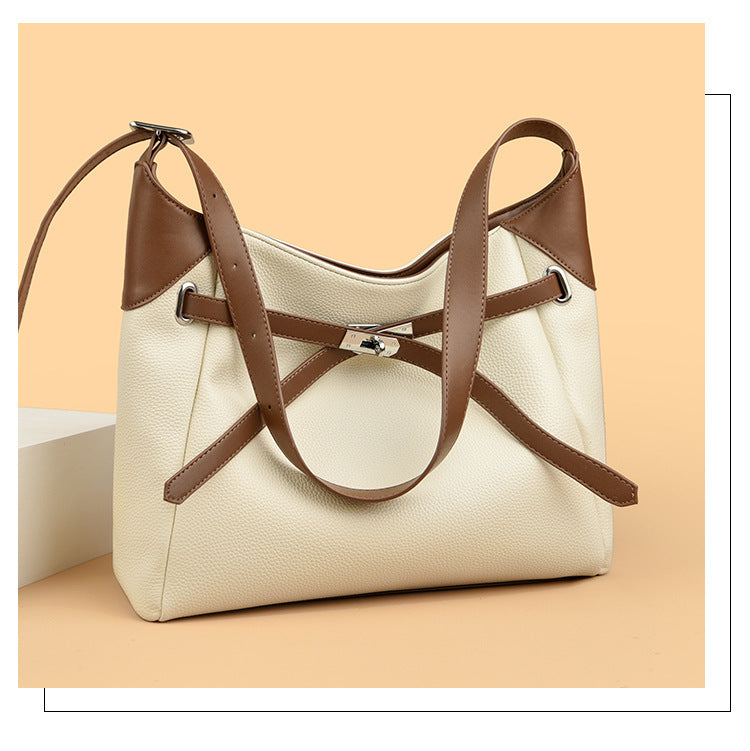 High-grade contrast color shoulder bag, large capacity, versatile commuter tote bag, soft leather handbag for women