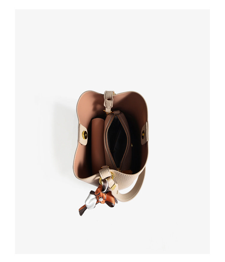 Genuine leather bucket bag with silk scarf mother-and-child bag shoulder messenger bag casual high-end commuter tote bag