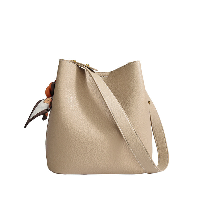 Genuine leather bucket bag with silk scarf mother-and-child bag shoulder messenger bag casual high-end commuter tote bag