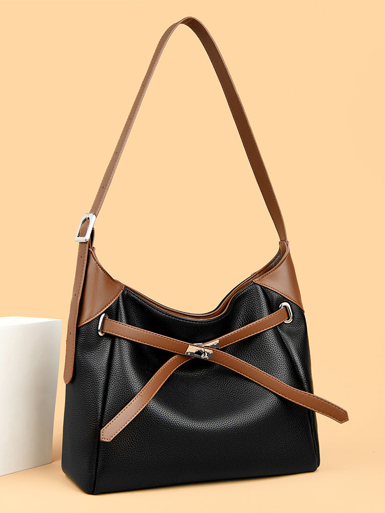 High-grade contrast color shoulder bag, large capacity, versatile commuter tote bag, soft leather handbag for women
