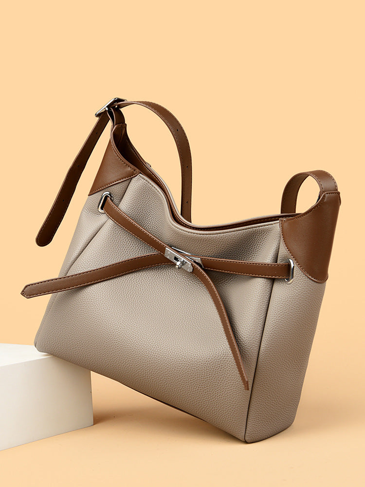 High-grade contrast color shoulder bag, large capacity, versatile commuter tote bag, soft leather handbag for women