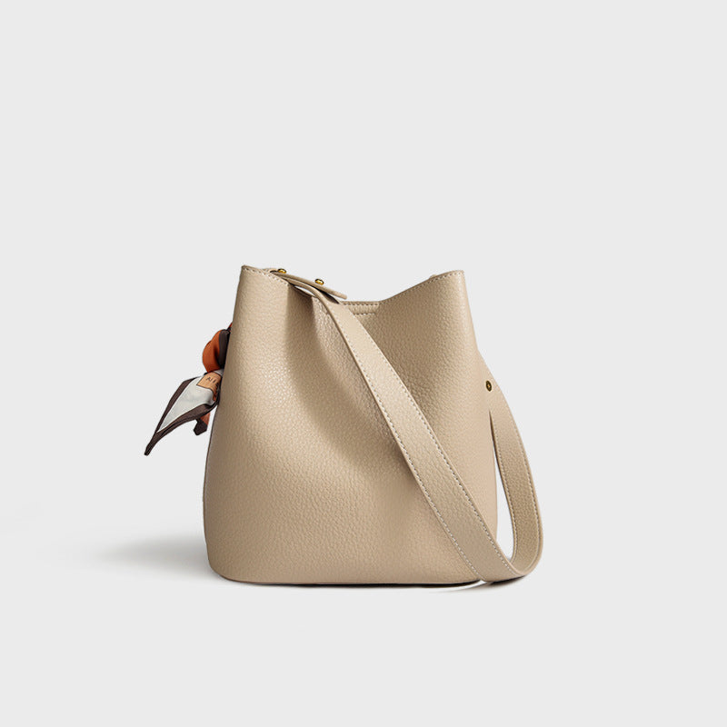 Genuine leather bucket bag with silk scarf mother-and-child bag shoulder messenger bag casual high-end commuter tote bag