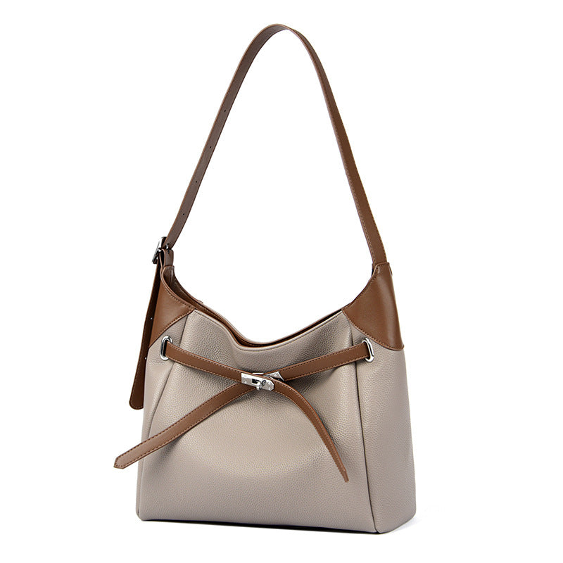 High-grade contrast color shoulder bag, large capacity, versatile commuter tote bag, soft leather handbag for women