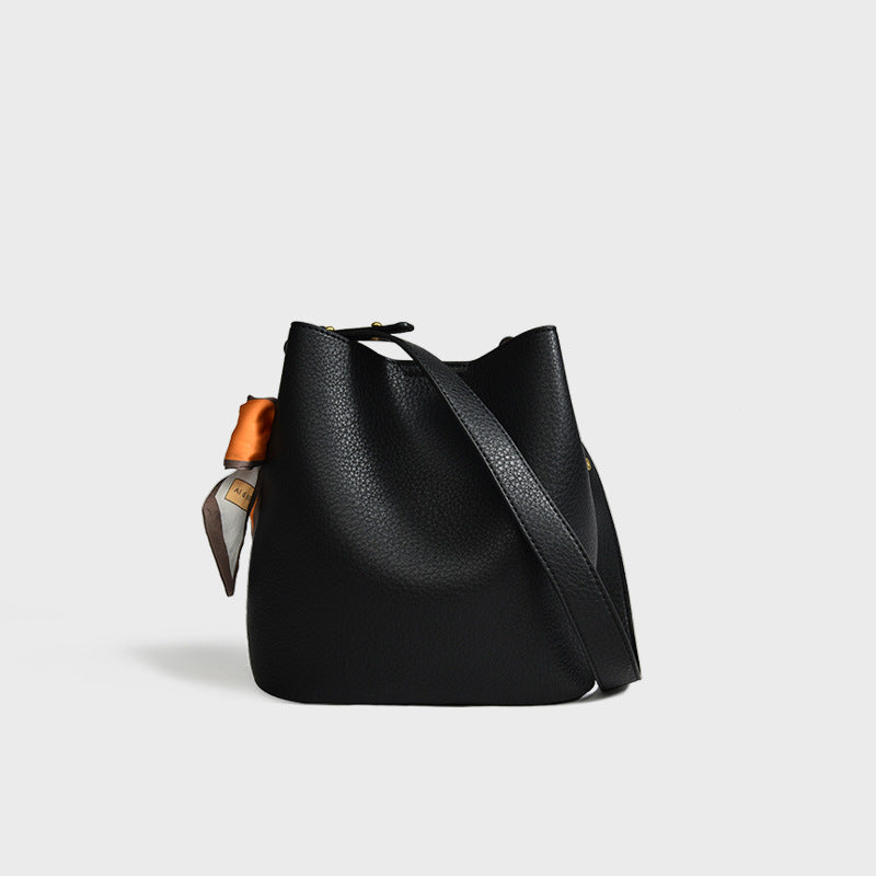 Genuine leather bucket bag with silk scarf mother-and-child bag shoulder messenger bag casual high-end commuter tote bag