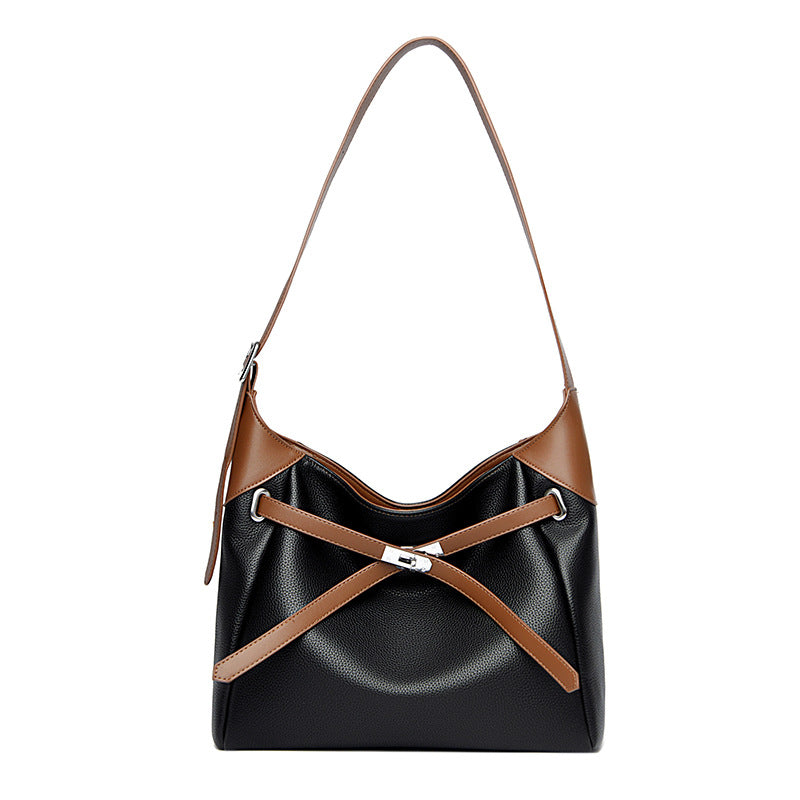High-grade contrast color shoulder bag, large capacity, versatile commuter tote bag, soft leather handbag for women