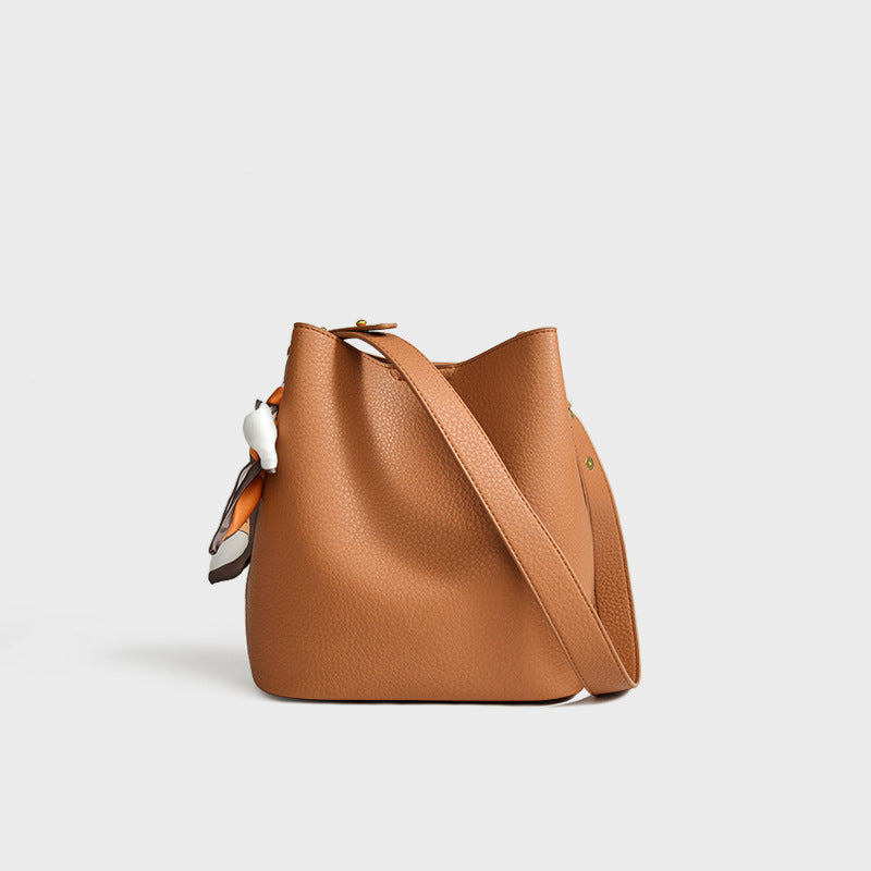 Genuine leather bucket bag with silk scarf mother-and-child bag shoulder messenger bag casual high-end commuter tote bag