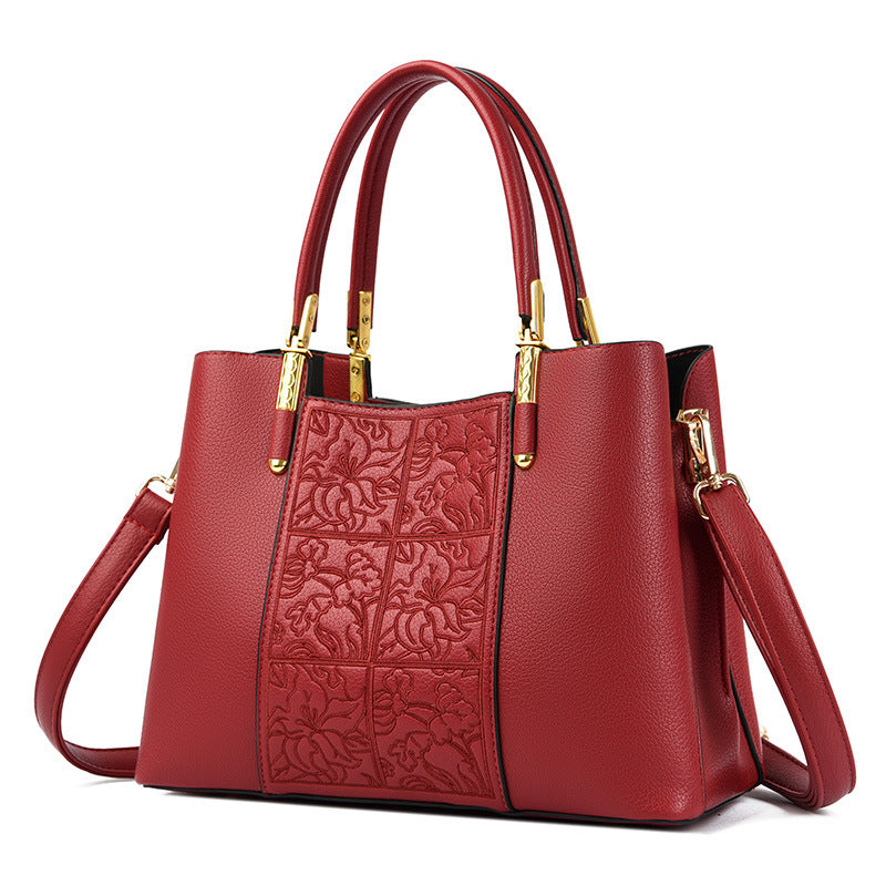High-grade soft leather women's bag embroidered large-capacity handbag messenger bag